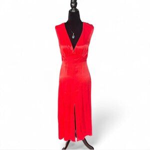 Red Satin V-Neck Long Formal Dress High Slit Size S Prom 2026 Homecoming